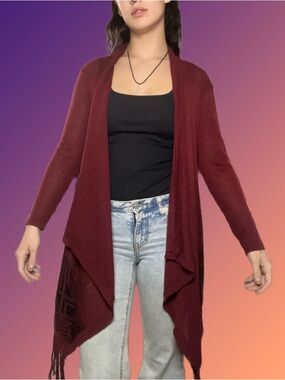 La Hearts Burgundy Fringe Cardigan